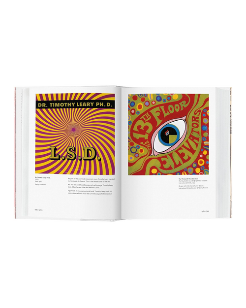 Open book displaying two pages of colorful psychedelic artwork, the left page features "L.S.D" by Dr. Timothy Leary Ph.D., and the right features "The Floor Elevators" with an eye in the center