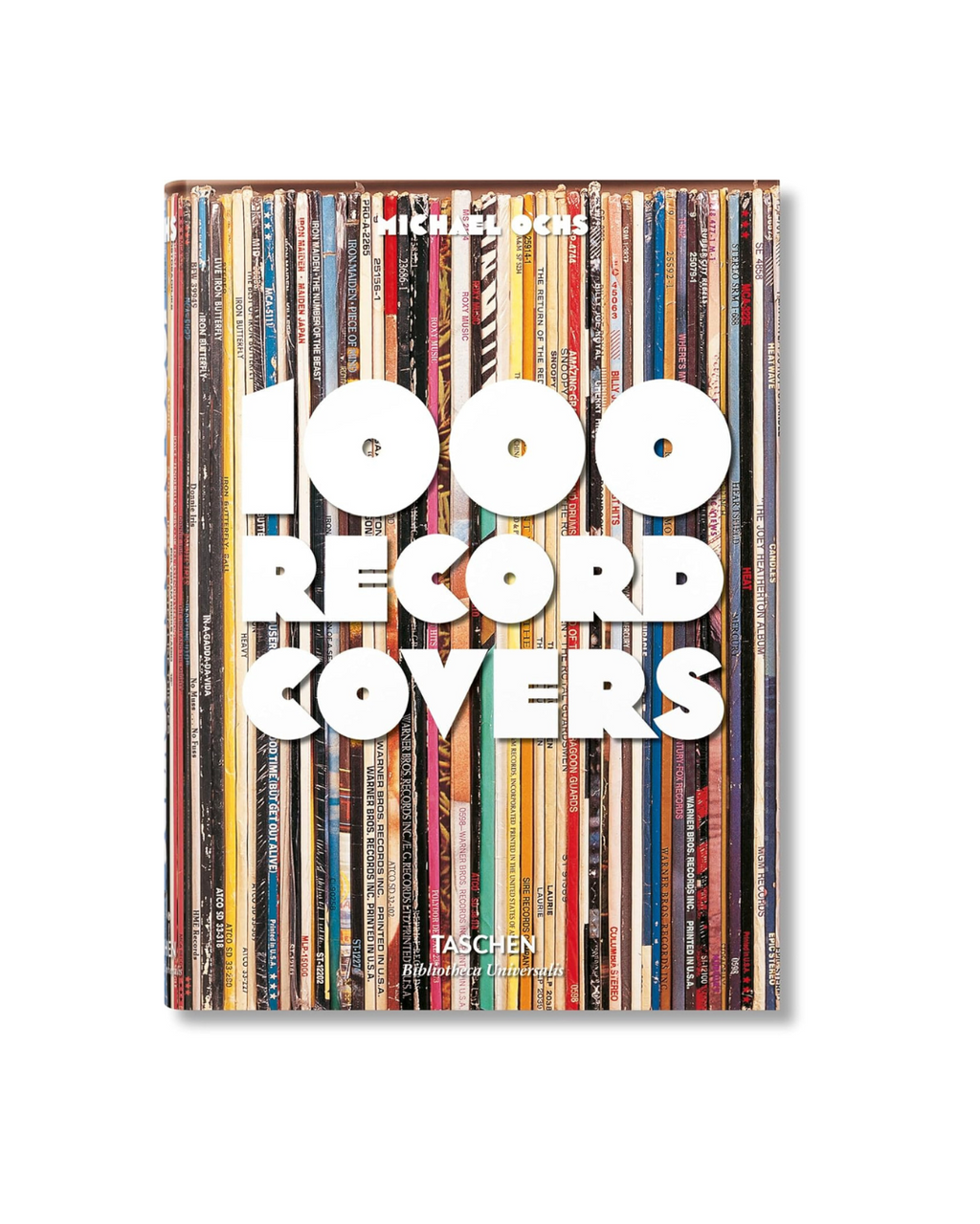 A book titled "1000 Record Covers" by Taschen, featuring a cover image depicting numerous vinyl record spines arranges vertically 