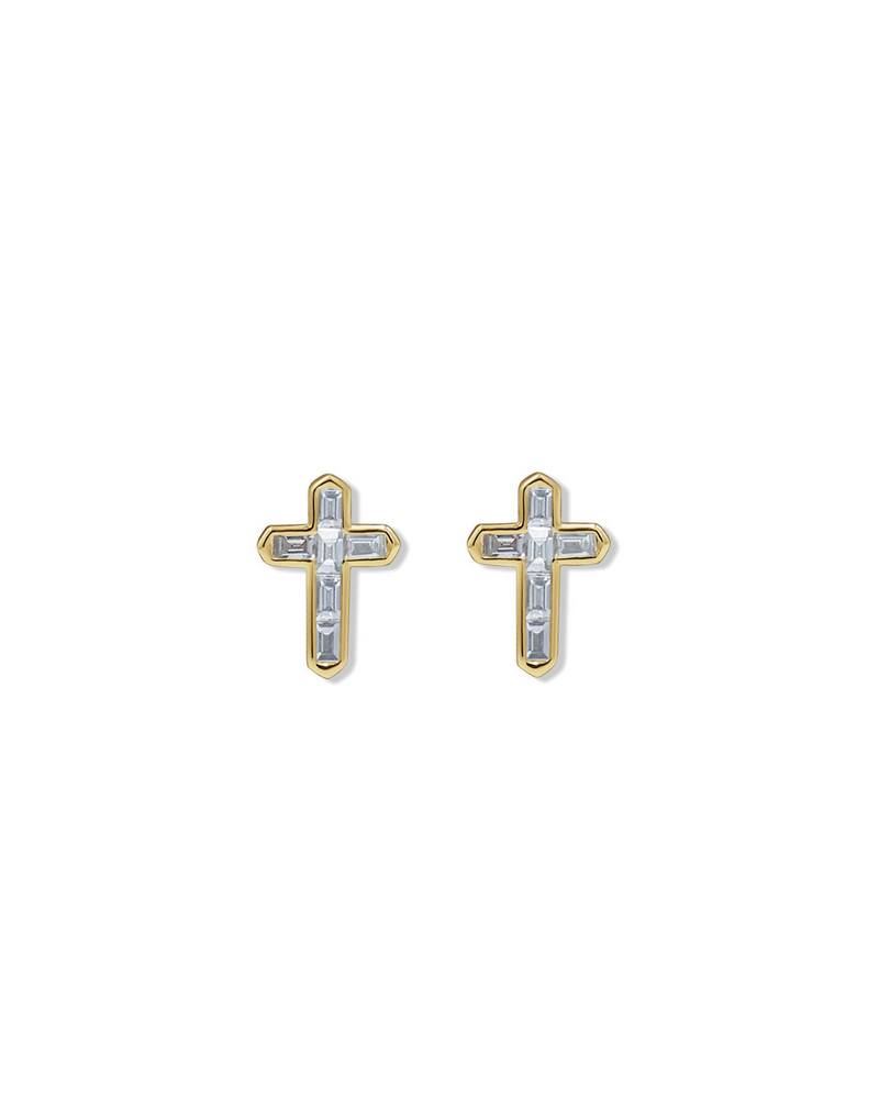 14K Baguette Cross Studs