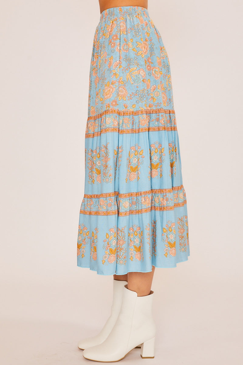 Sandra Boho Floral Maxi Skirt Dusty Blue