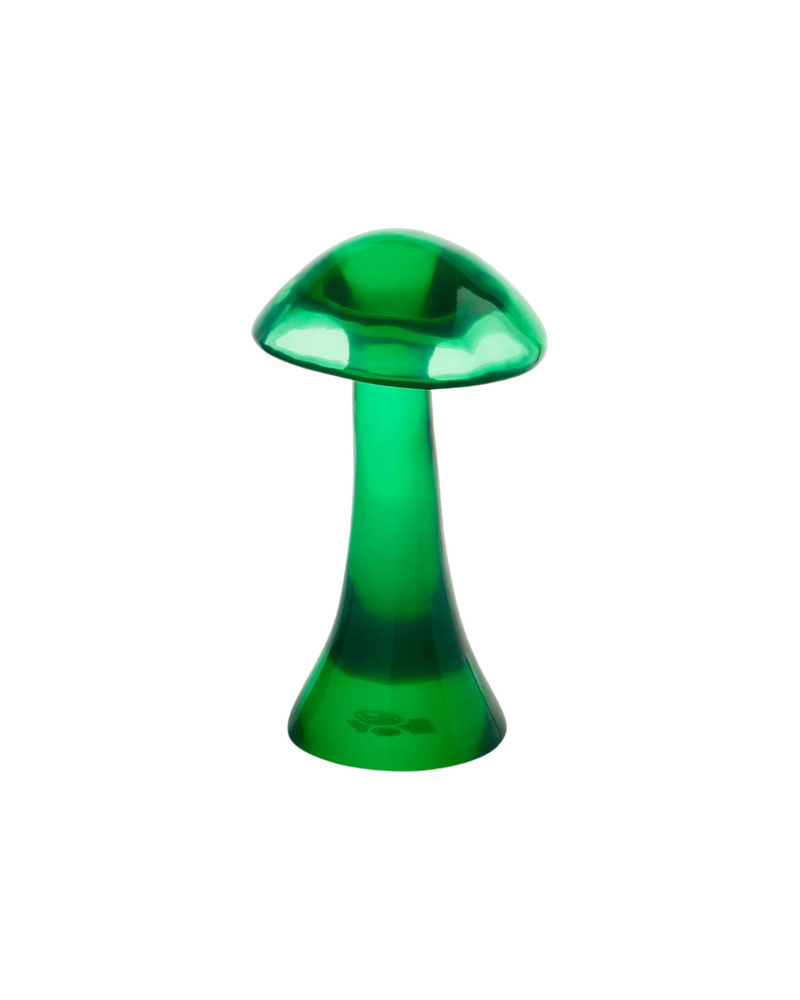 A vibrant green acrylic mushroom sculpture with an elegant, organic form. Handcrafted to add a pop of color and artistic flair to any home decor.