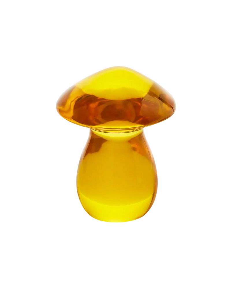 A vibrant yellow acrylic mushroom sculpture with an elegant, organic form. Handcrafted to add a pop of color and artistic flair to any home decor.