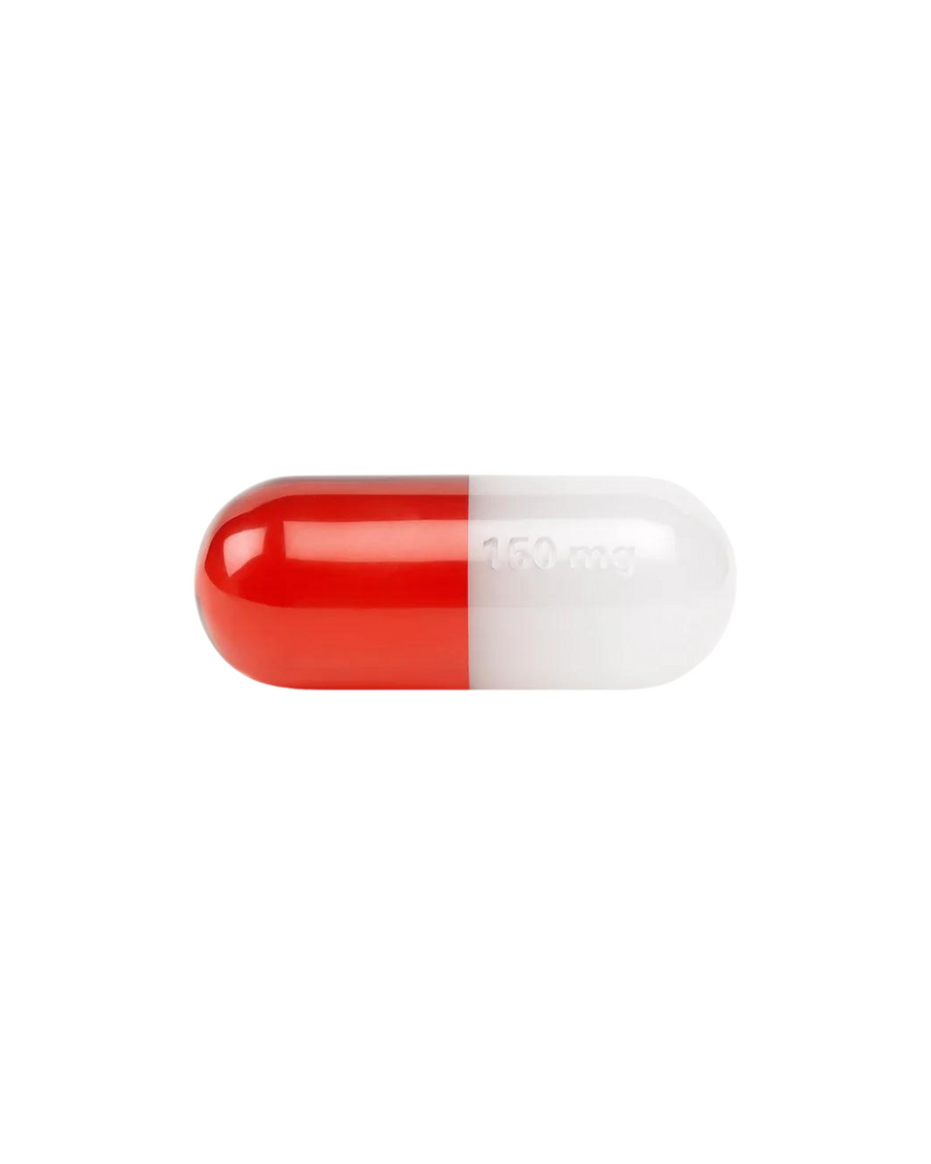  A solid acrylic pill with a vibrant red and white color scheme, labeled with "150 mg" dosage. The pill features a smooth, glossy surface and an elongated capsule shape.