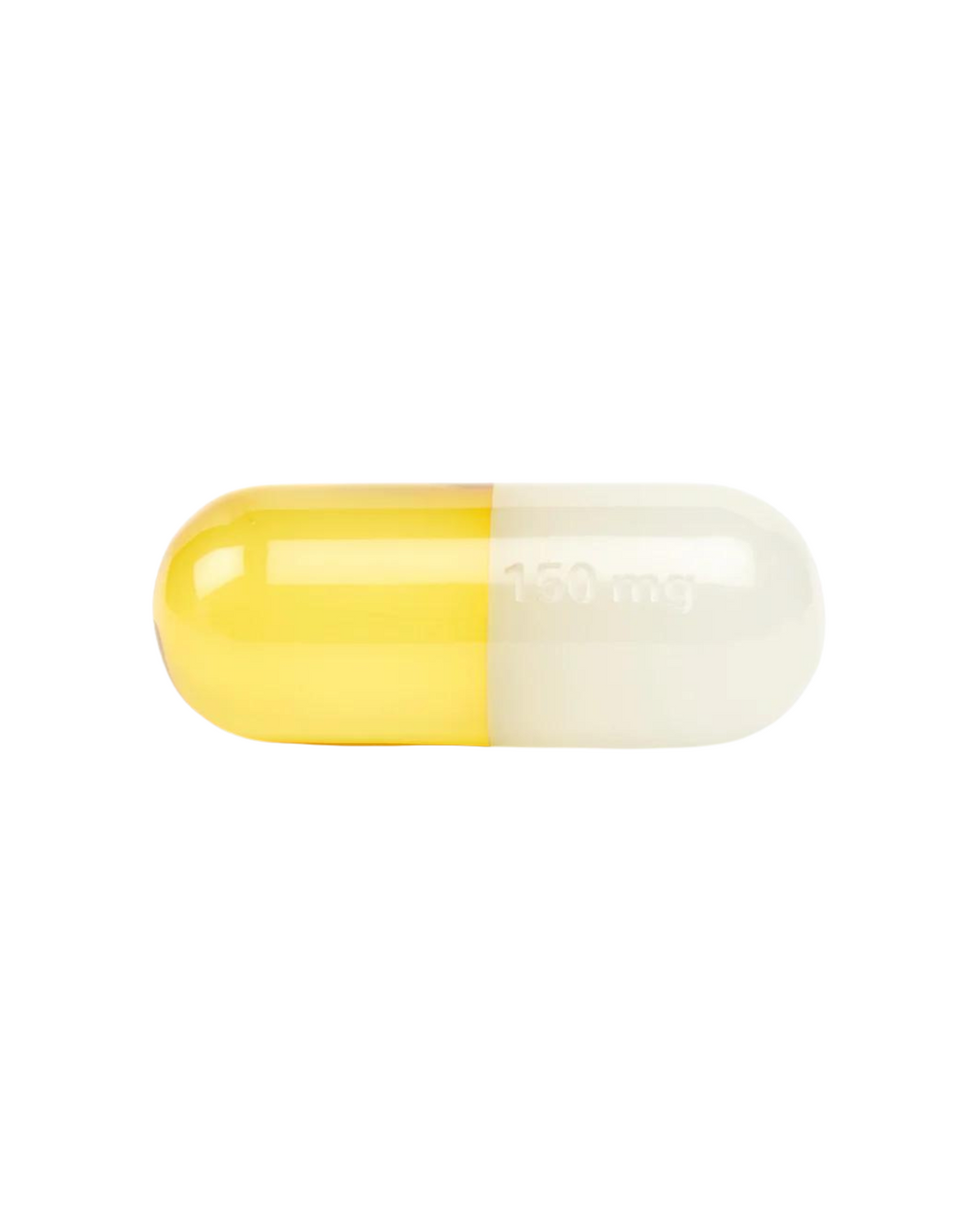 A solid acrylic pill with a vibrant yellow and white color scheme, labeled with "150 mg" dosage. The pill features a smooth, glossy surface and an elongated capsule shape.