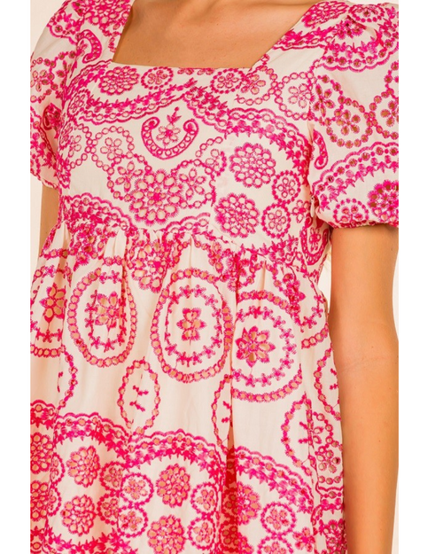 Alexa Emb Square Neck Dress Fuchsia