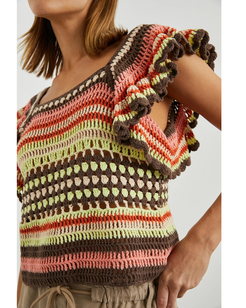 A close-up image focusing on the flared sleeve of the Anna Crochet Top, showcasing the intricate crochet patterns in shades of brown, orange, and yellow.