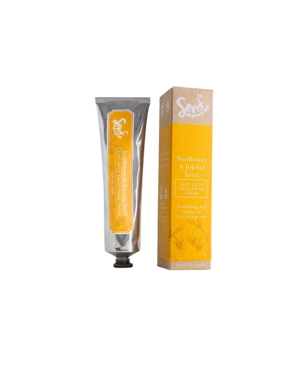 A tube and box of Seed Phytonutrients Sunflower & Jojoba Seed Anti-Frizz Smoothing Cream, 2.5oz, designed to tame and smooth frizz-prone hair with organic ingredients. 