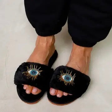 Beaded Evil Eye Slippers Black