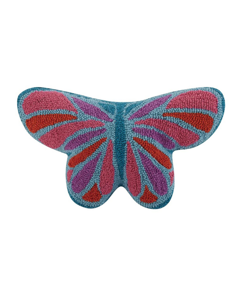 A vibrant butterfly-shaped pillow featuring a multi-color design, made of soft wool and poly velvet, measuring 20 inches wide and 12 inches high.