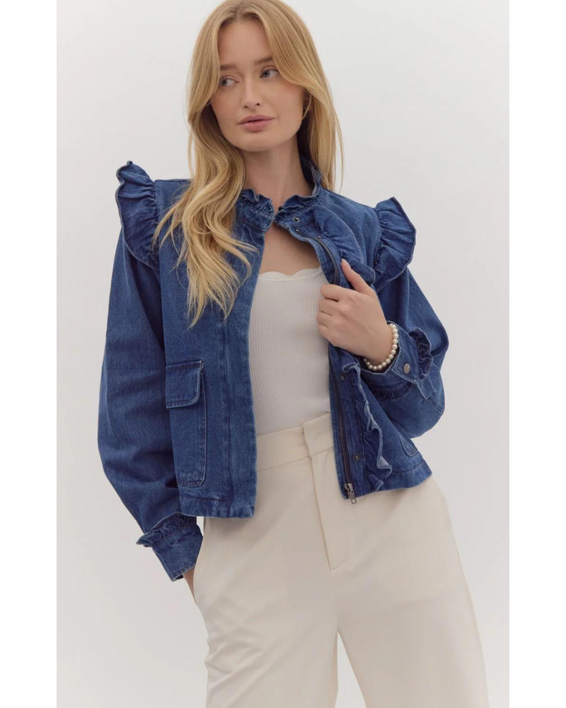 Cathleen Ruffle Denim Jacket Dark Denim