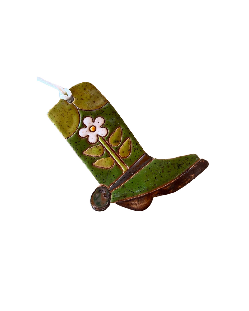 Ceramic Western Boot Ornament Green Daisy