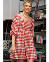 Daisy Tweed Check Puff Sleeve Mini Dress Red