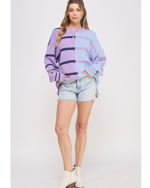 Demi Block Stripe Sweater Lavender Combo