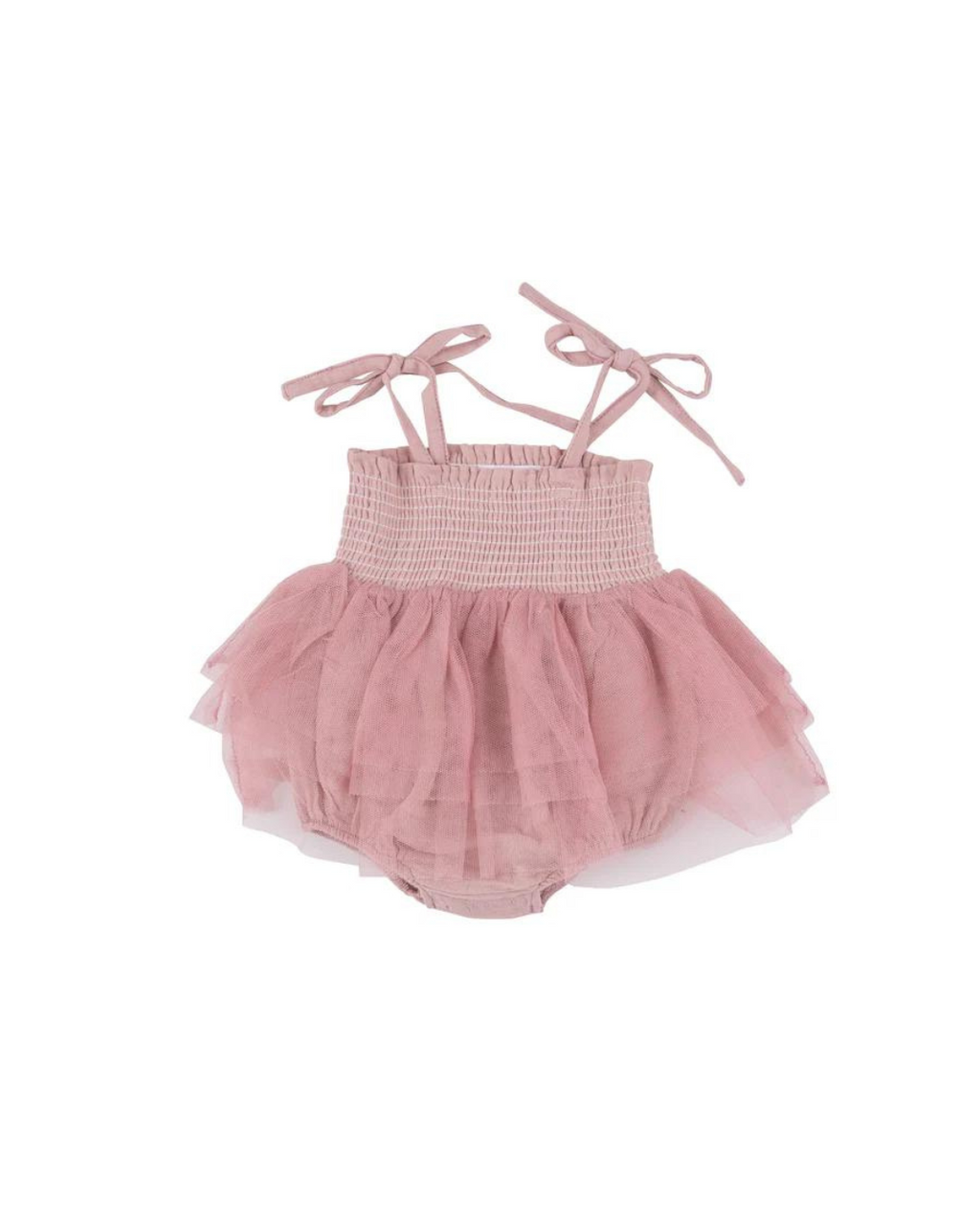 Dusty pink muslin tutu bubble with adjustable tie straps and layered tulle skirt, made from 100% organic cotton, featuring snap closure for easy changing. 