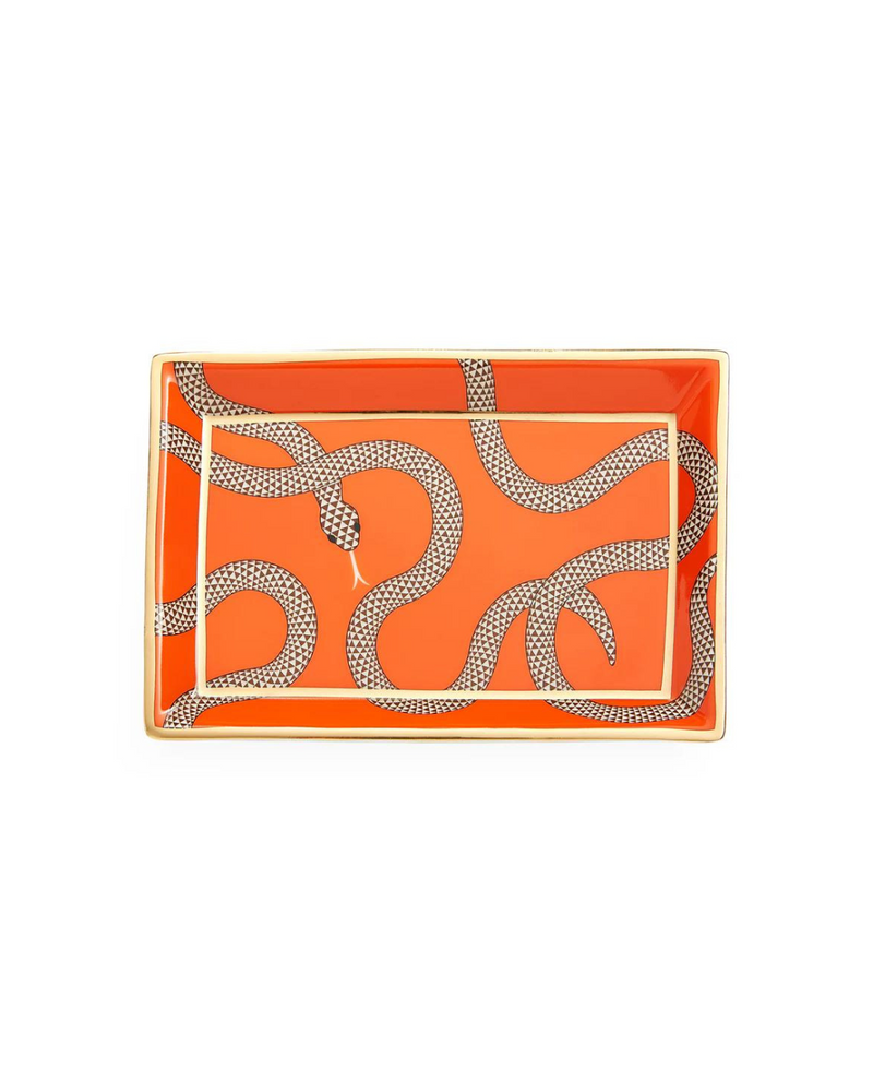 A rectangular tray with an intricate black-and-white snake design on an orange background. The tray is bordered with a thin gold trim, enhancing its luxurious appearance.