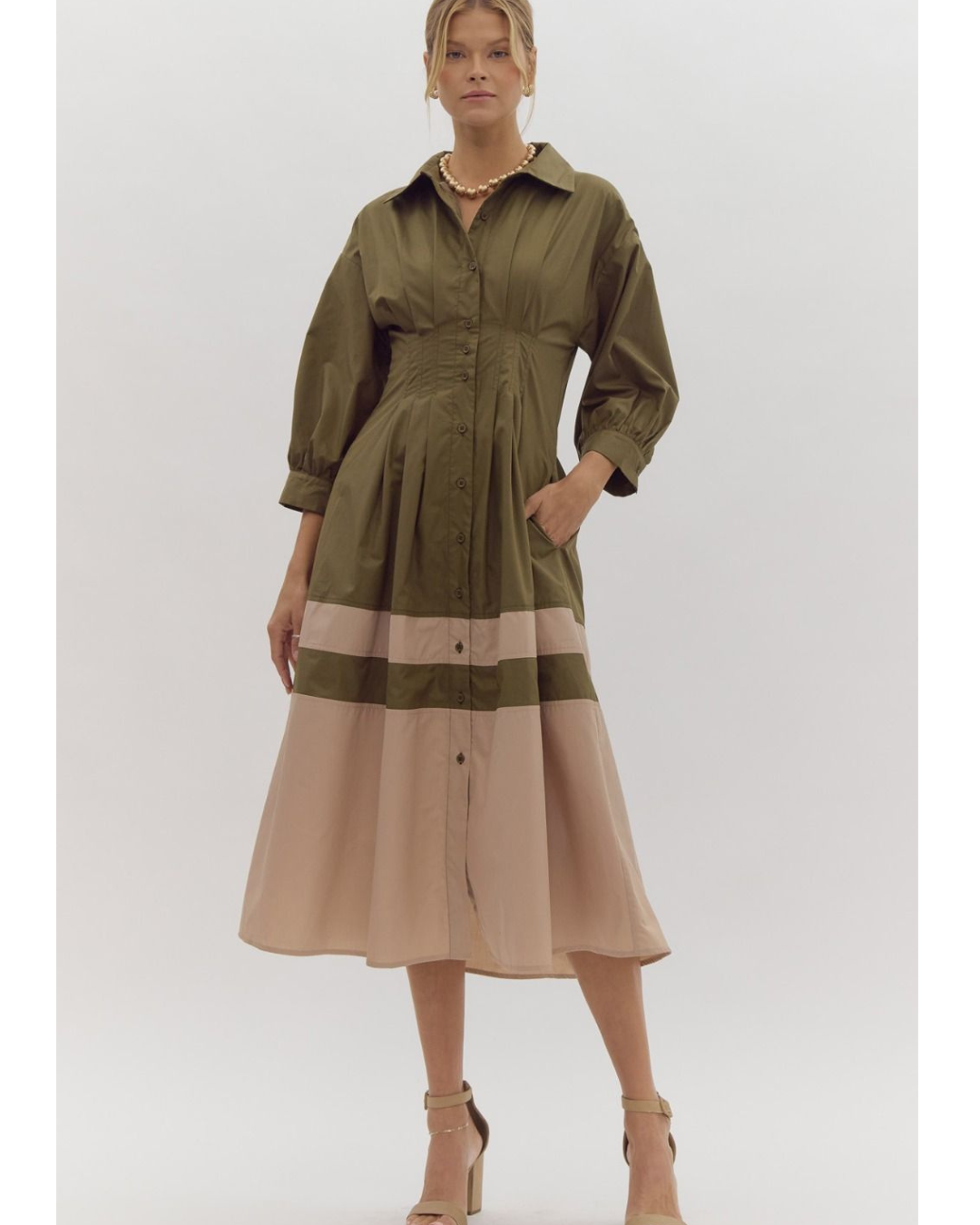 Faith Colorblock Midi Shirt Dress Olive