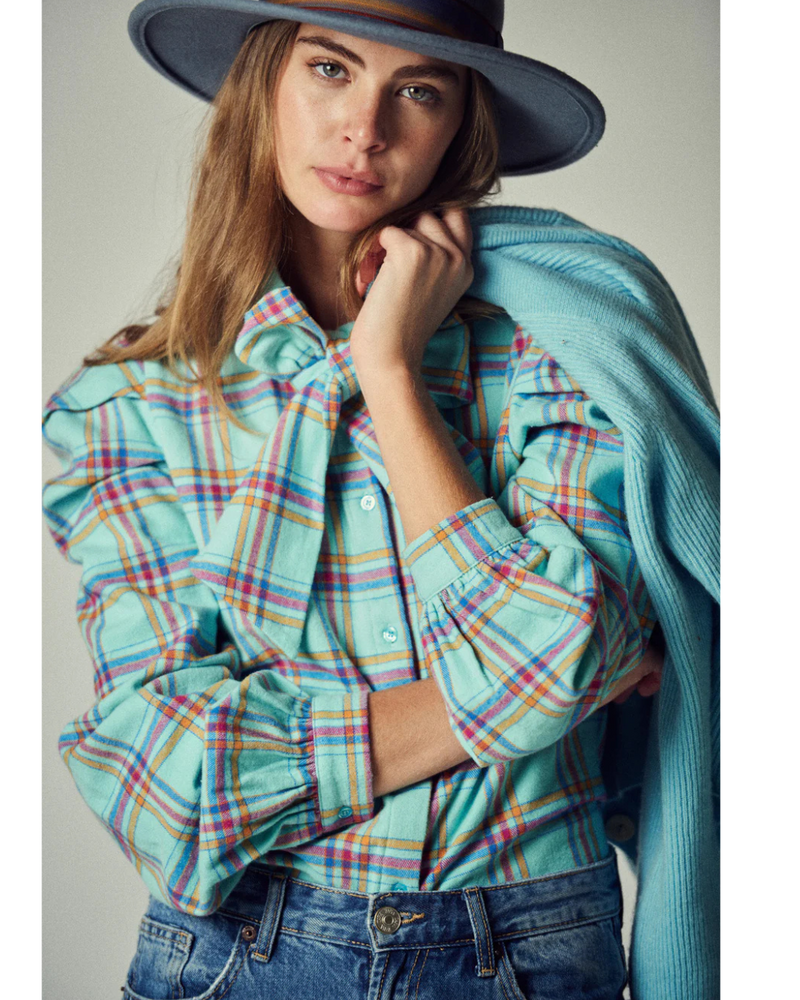 French Bow Shirt Aqua Plaid