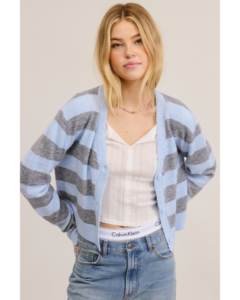 Gene Soft Knit Stripe Cardi Sky