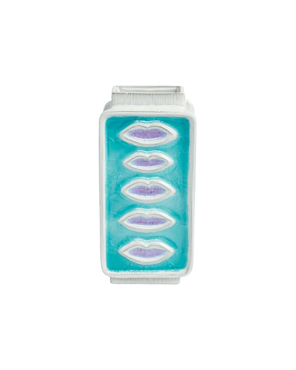 A rectangular ceramic vase featuring a turquoise background with a design of four sets of lips in purple and white. The vase has a textured white exterior and a flat top opening.