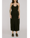 Front view of the a woman showcasing the flattering and comfortable fit, of the Halter Midi Dress in black, complete with practical side pockets. 