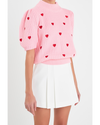 Hanna Heart Short Bubble Sleeve Sweater Top Pink