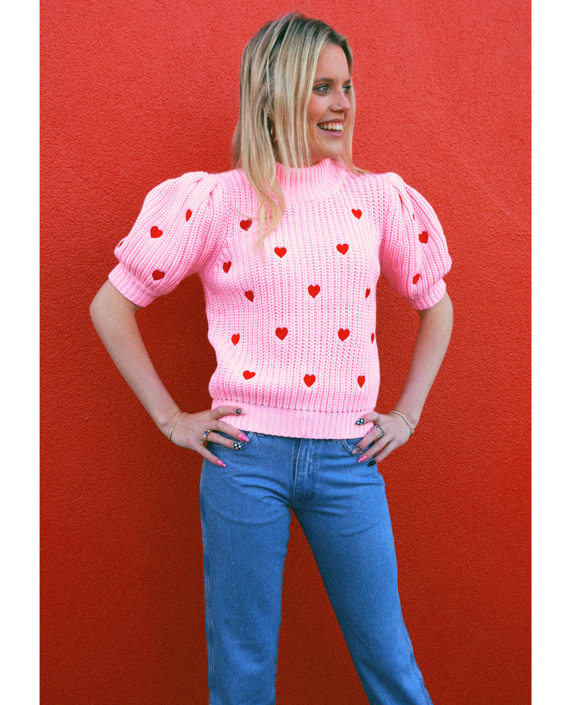 Hanna Heart Short Bubble Sleeve Sweater Top Pink