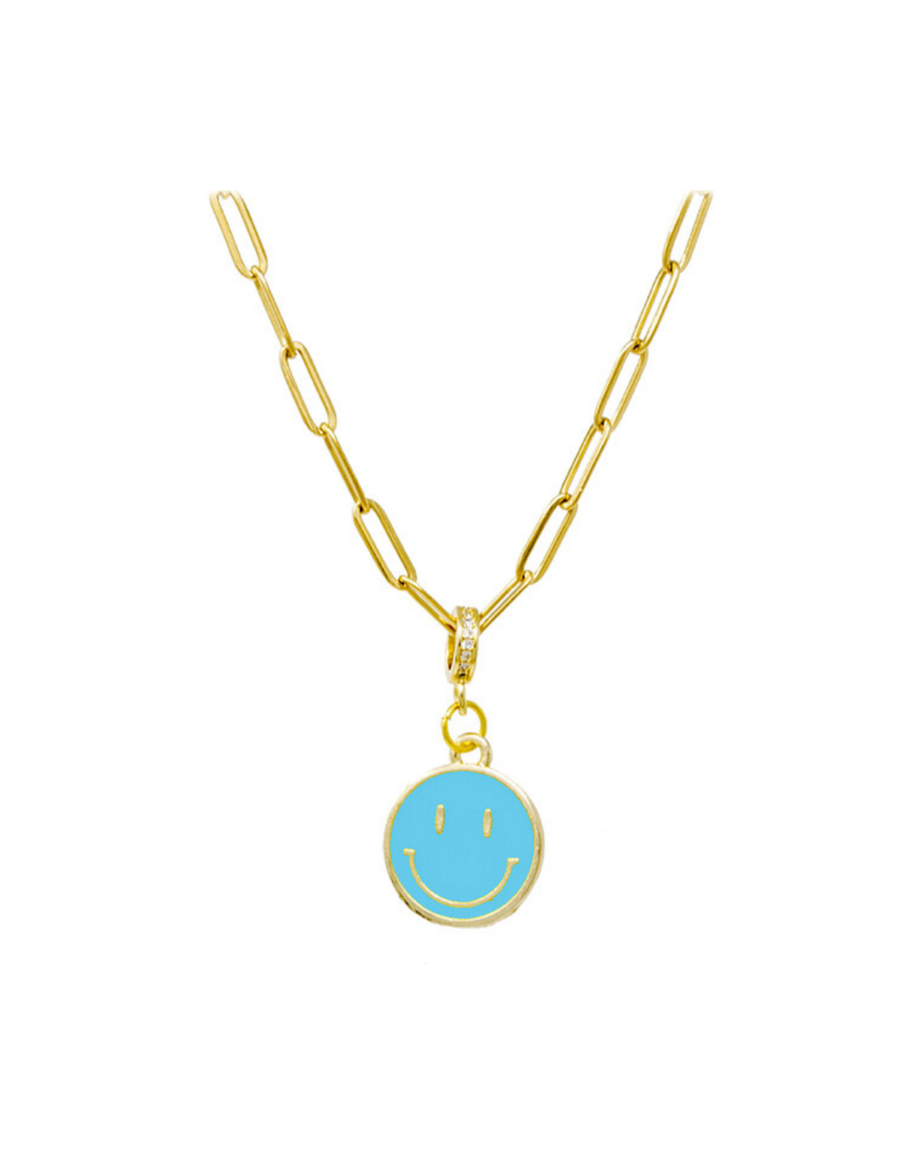 Gold chain necklace featuring a bright teal smiley face pendant with a diamond-studded clasp. 