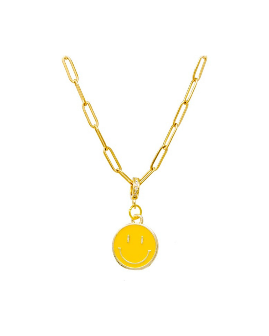 Yellow happy face charm on a golden adjustable necklace, adding a cheerful touch to any outfit.