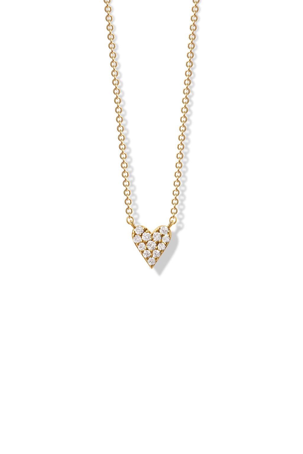 A delicate 14K gold necklace featuring a heart shape pendant encrusted with sparkling diamonds. 