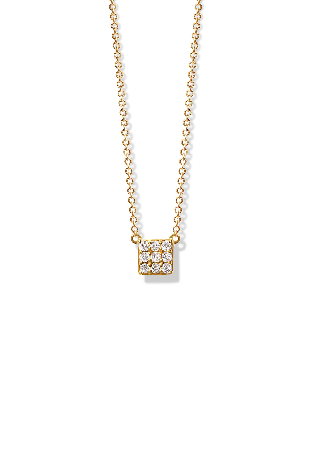 A delicate gold necklace featuring a square pendant encrusted with diamonds. 