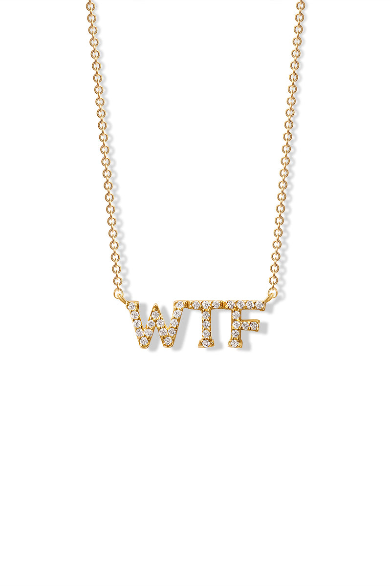 A delicate 14k gold necklace featuring a curse word pendant encrusted with diamonds. 