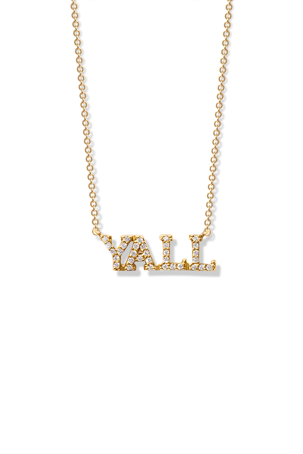 A delicate 14K gold necklace featuring the word "yall" pedant encrusted with diamonds. 