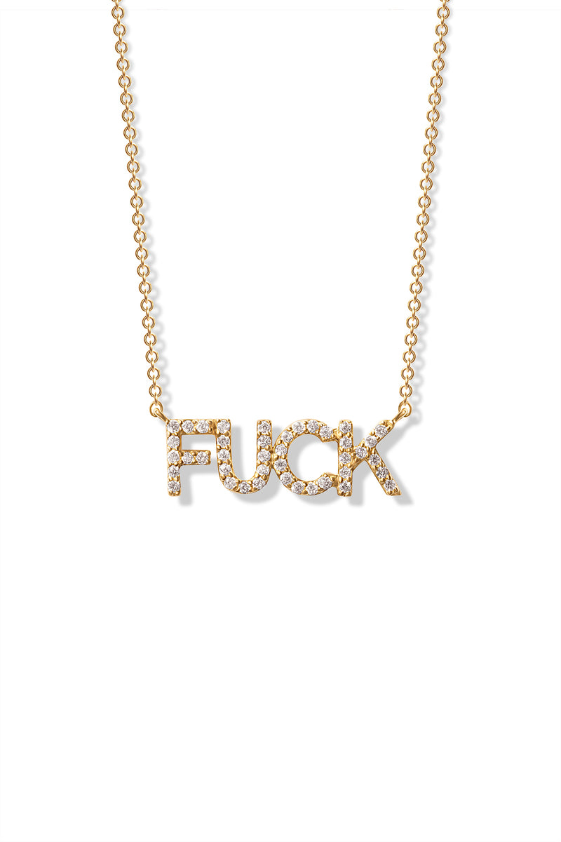 A delicate 14K yellow gold necklace featuring a curse word pendant encrusted with diamonds. 