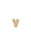 A small 14K yellow gold stud earring in the shape of the letter "v", encrusted with diamonds.