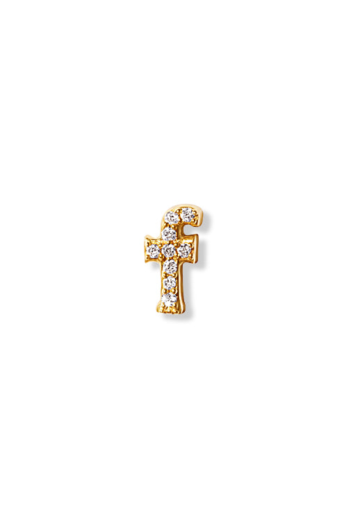 A small 14K yellow gold stud earring in the shape of the letter "f", encrusted with diamonds.