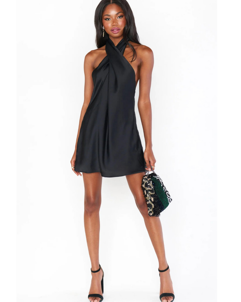 Jasmine Halter Mini Dress Black Luxe Satin Favor The Kind Joyville Inc