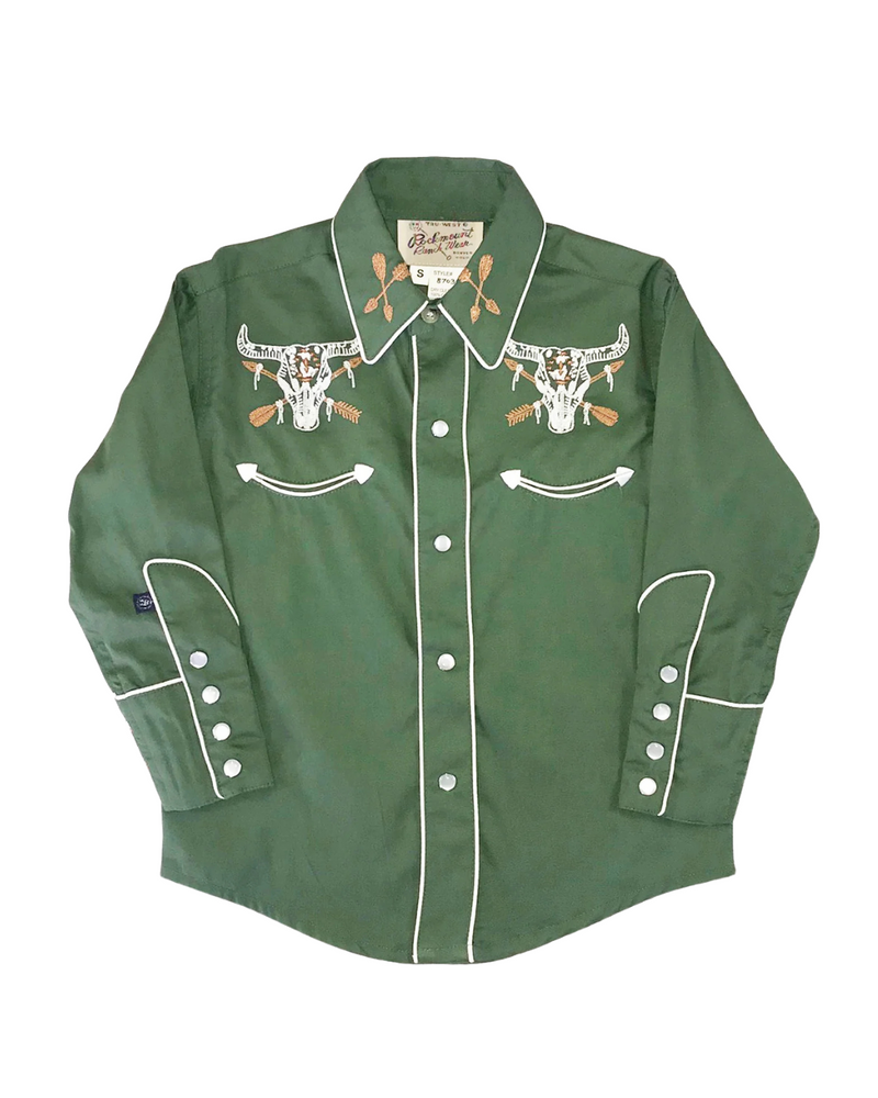 Kids Steer Skull Western Shirt Green Vintage