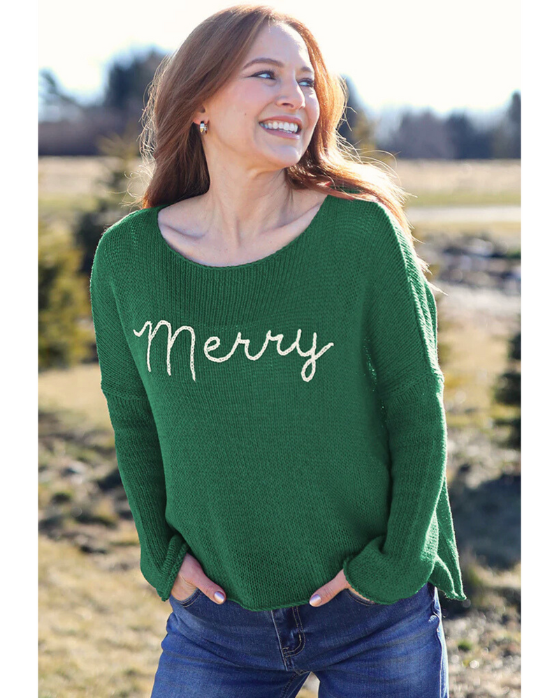 Merry Embroidered Crew Sweater Pine