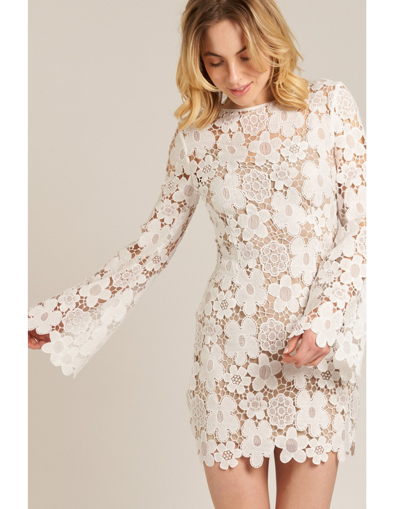 Moni Floral Lace Bell Sleeve Mini Dress White