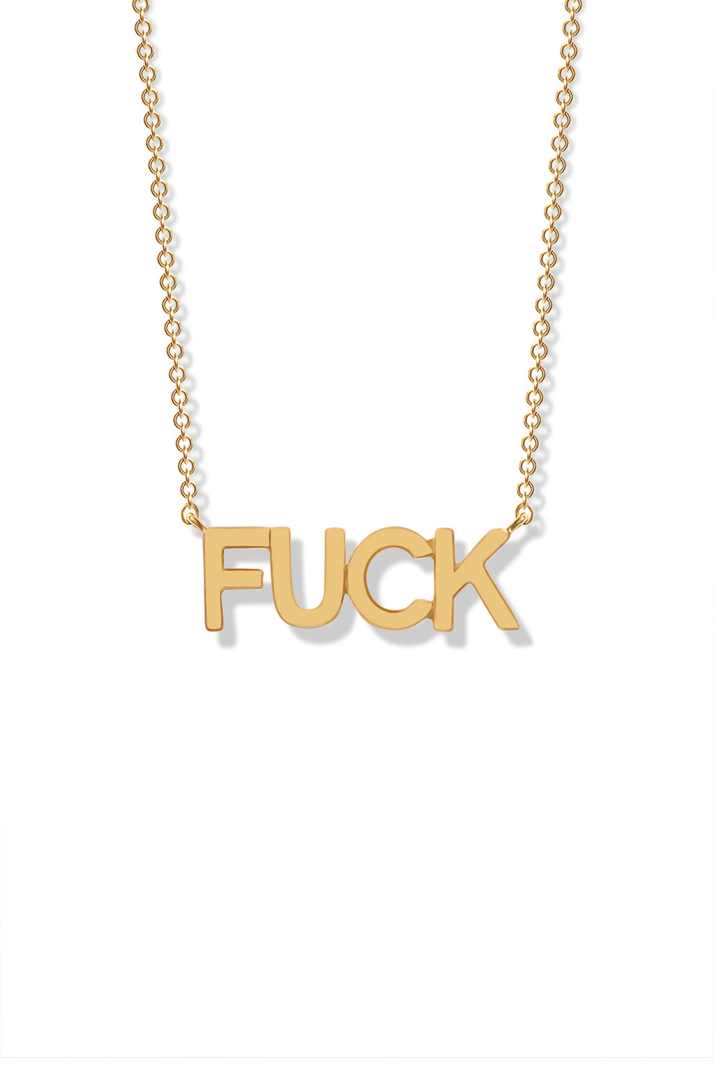 A delicate 14K gold necklace featuring a curse word pendant. 