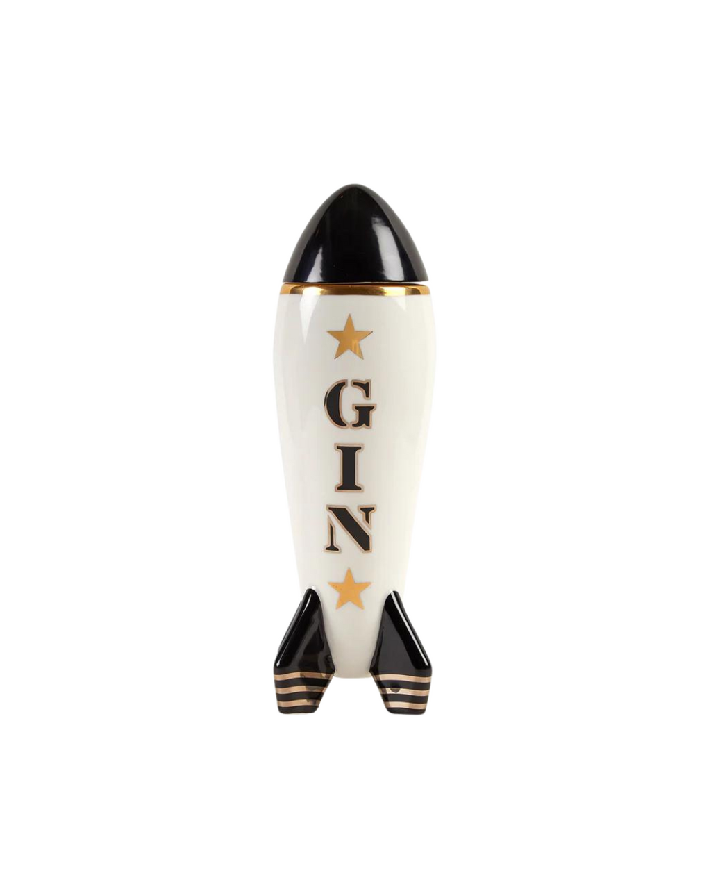 A sleek and sophisticated porcelain decanter in the shape of a rocket, featuring the word "GIN" in bold black letters with gold accents, inspired by Soviet era design. The decanter has a white body, black nose cone, and black fins with gold stripes.