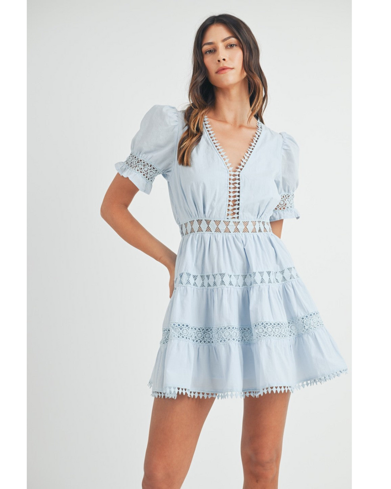 Rohan Lace Trim Mini Dress Light Blue