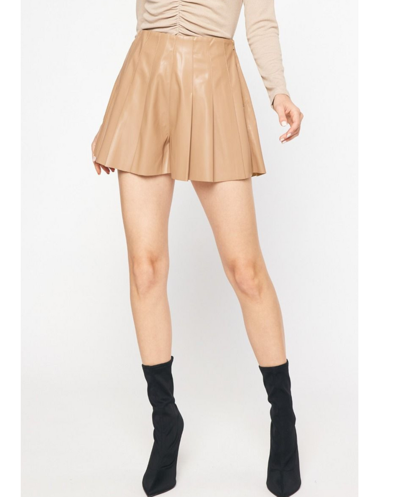 Saira Pleated Faux Leather Shorts Tan