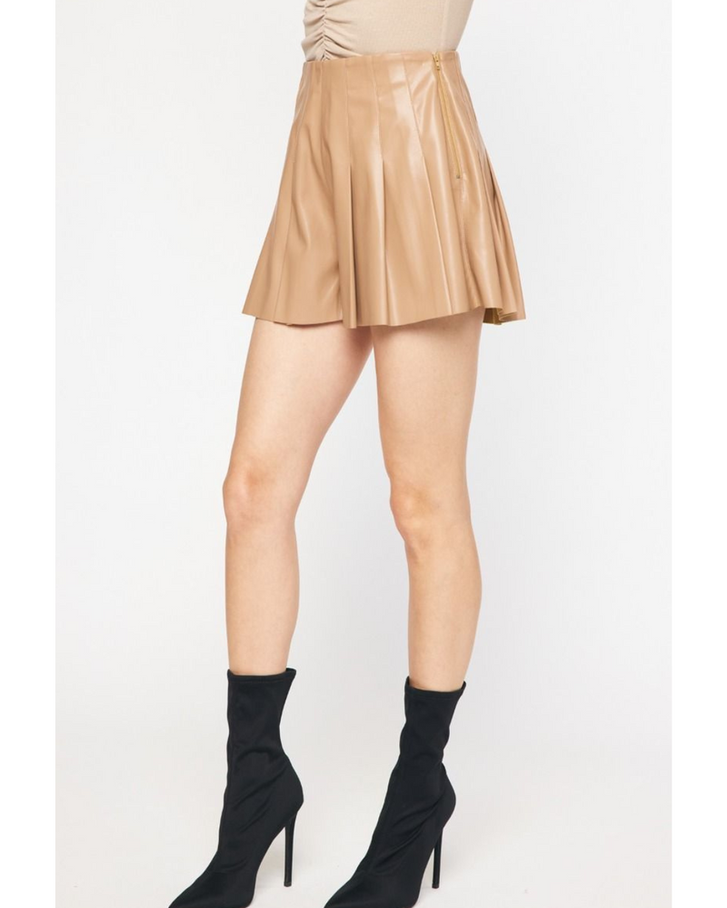 Saira Pleated Faux Leather Shorts Tan