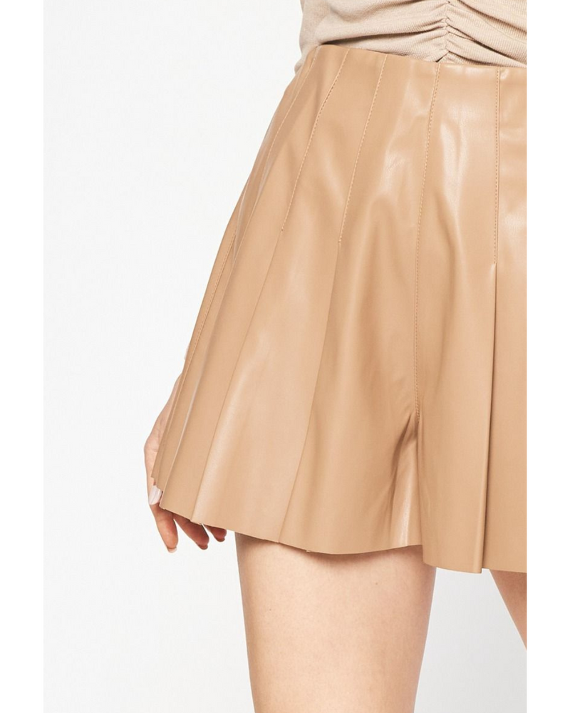 Saira Pleated Faux Leather Shorts Tan