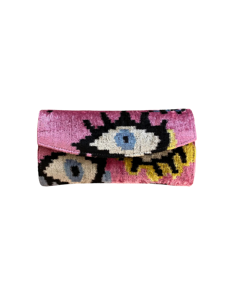 Silk Velvet Ikat Structured Clutch Pink Eye