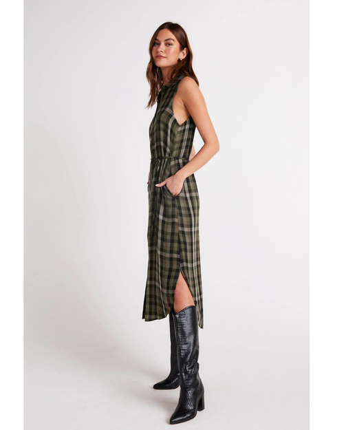 Sleeveless Button Down Midi Dress Olive Plaid