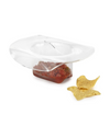 A clear acrylic cowboy hat-shaped bowl filled with salsa, accompanied by a few tortilla chips, displayed against a white background. 