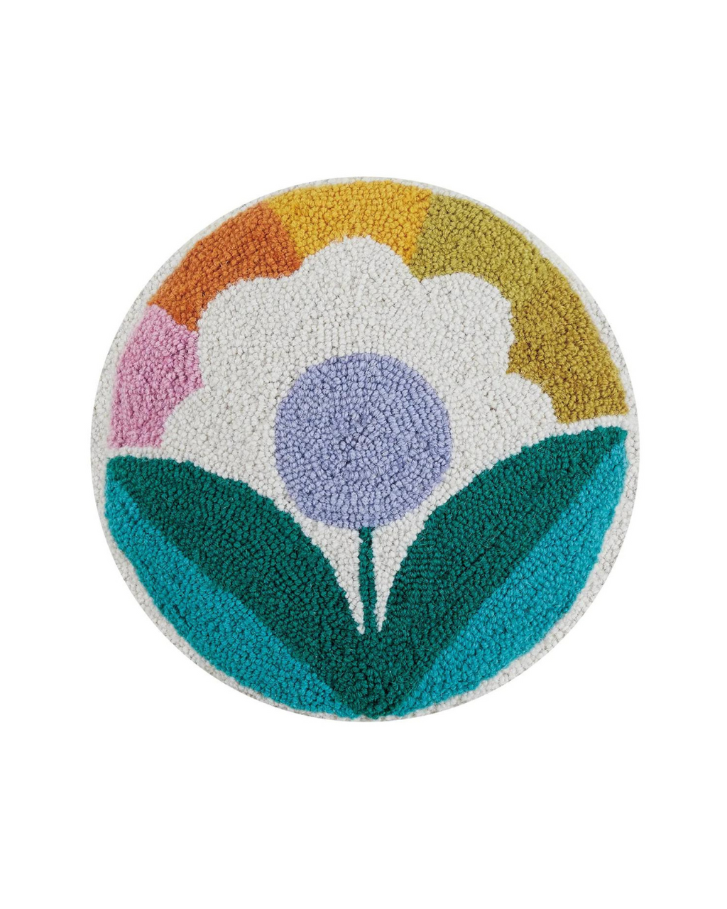 A round pillow with a colorful sunflower design, showcasing vibrant petals in shades of yellow, pink, and green, perfect for adding a cheerful touch to your home decor. 