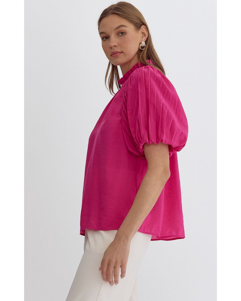 Tahlia High Neck Puff Sleeve Blouse Hot Pink